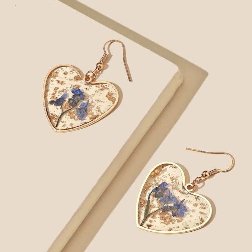 Heart Pressed Resin Flower Dangle Earrings Colorful Dangle Drop Hook Earrings